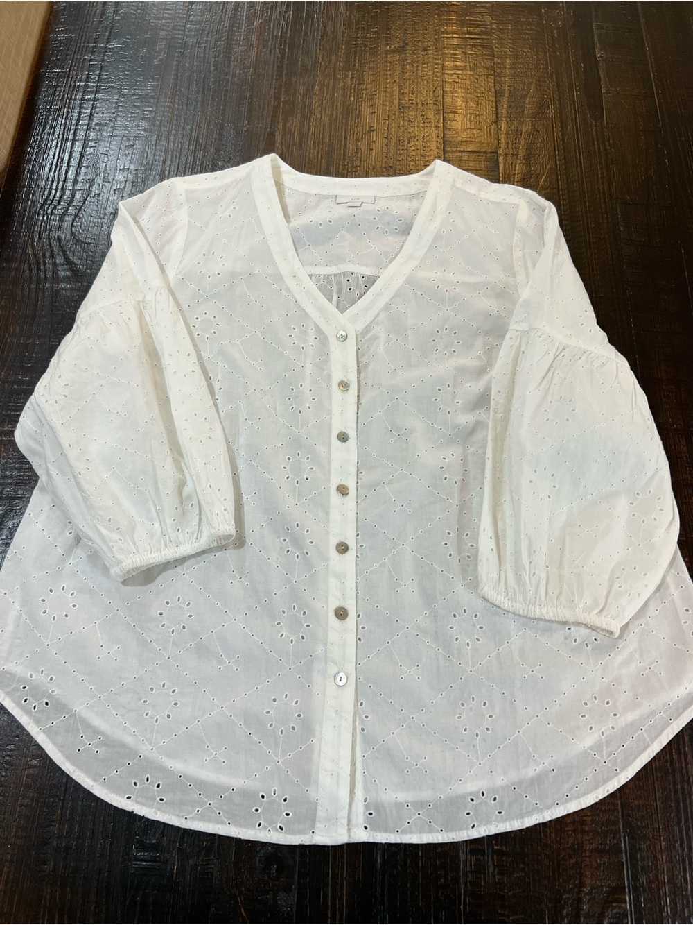 J.Jill Women’s Large White Eyelet Blouse 100% Cotton Puff Sleeve Boho Tunic